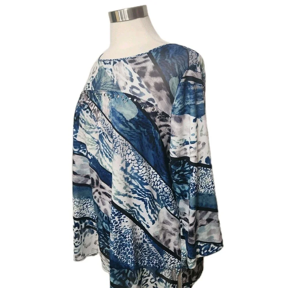 ALFRED DUNNER XL Blue Studded  Pullover 3/4 Slv Knit Stretch Semi-Sheer Neck